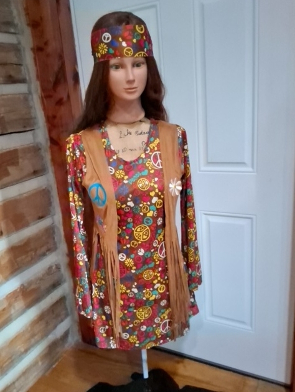 Retro Peace Sign Print Mini Dress with Fringe Vest - Multicolor